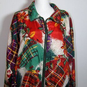 Vintage EVR Jacket Multicolor Red Poinsettias Christmas Lightweight Silk Bomber
